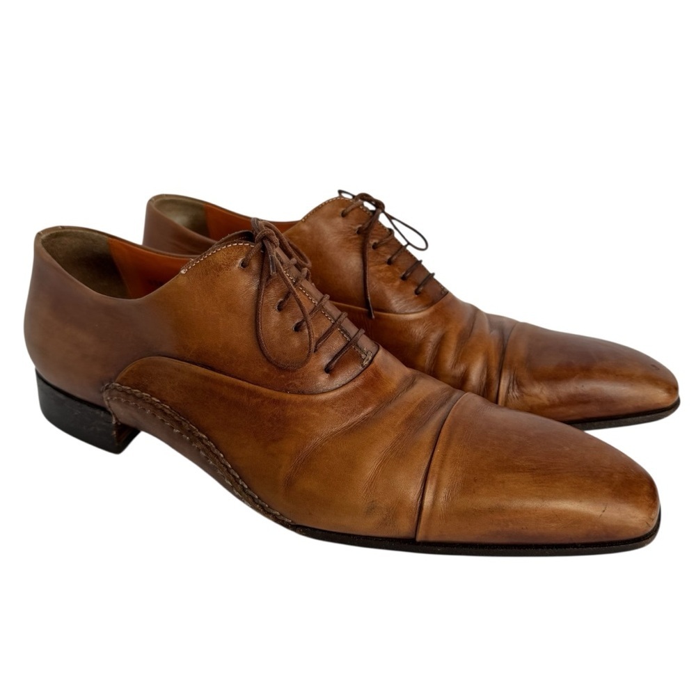 Santoni Italian Leather Oxford Dress Shoes Sz 10 Brown Balmoral Cap Toe Formal